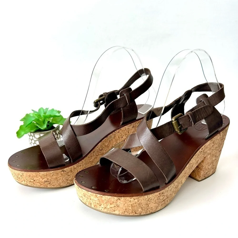 ASH Brown Leather Cork Block Heel Platform Sandals Strappy Open Toe 41 10.5-11